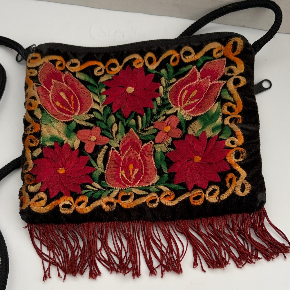 Beautiful embroidered black velvet crossbody purse